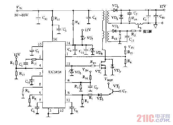 采用UC3828構成的DC,DC單端正激式變換器電路圖.gif