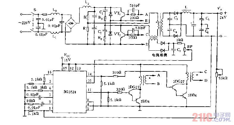 采用SG3524構(gòu)成的半橋型開(kāi)關(guān)穩(wěn)壓電源電路圖.gif