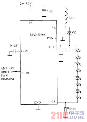 MAX8596Z驅(qū)動8只白光LED的電路圖.gif