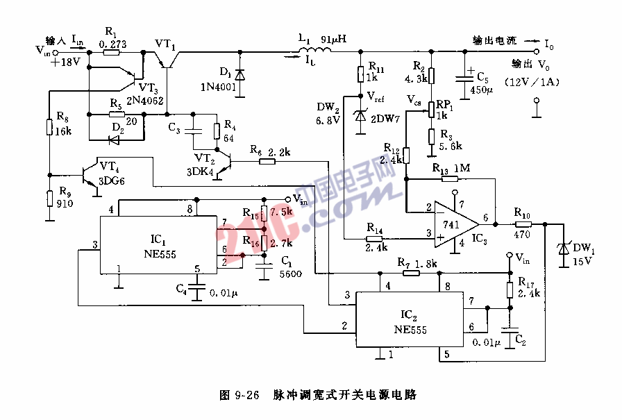 555脈沖調(diào)寬式開(kāi)關(guān)電源電路圖