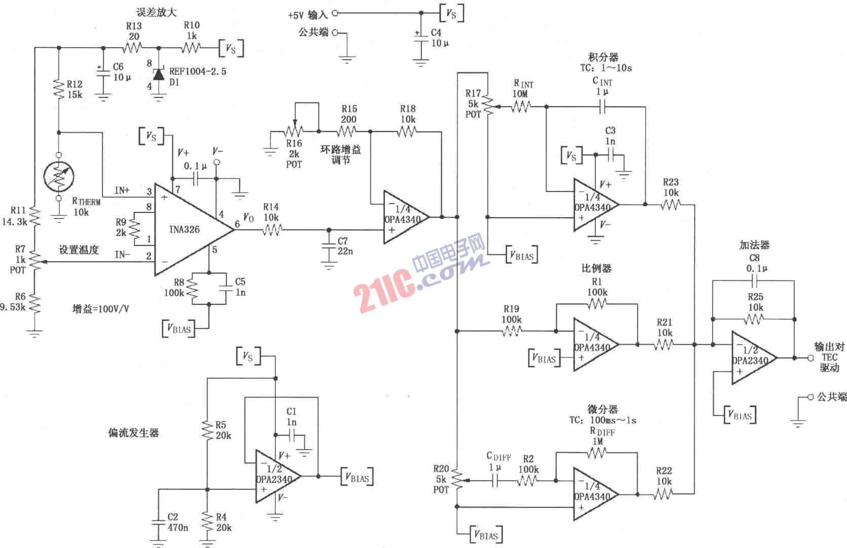 INA326／327構(gòu)成的單電源PID(比例-積分-微分)溫度控制環(huán)路電路