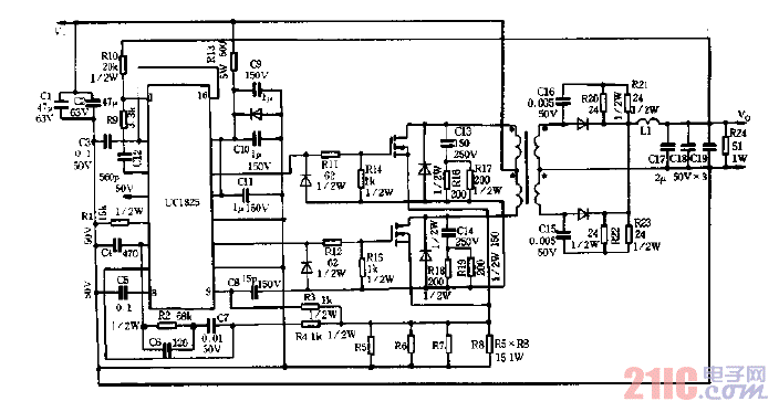用UC1825組成50W，1.5MHZ開關(guān)電源電路圖.gif