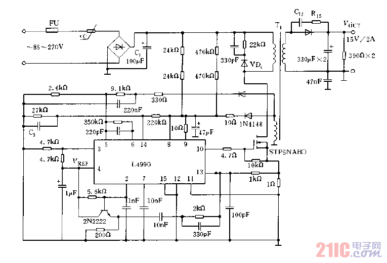 采用L4990設(shè)計(jì)的AC,DC適配器電路圖.gif
