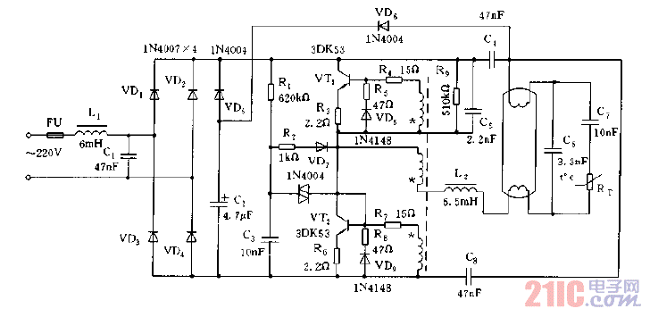 低成本高功率因數電子鎮(zhèn)流器電路圖.gif