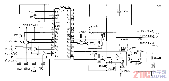 MAX716構(gòu)成的微處理機(jī)電源電路圖.gif