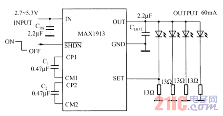 MAX1913驅(qū)動白光LED電路圖.gif