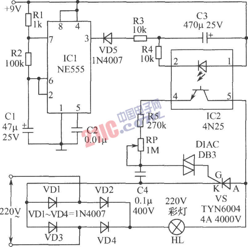 光電耦合器組成的圣誕節(jié)彩燈電路圖