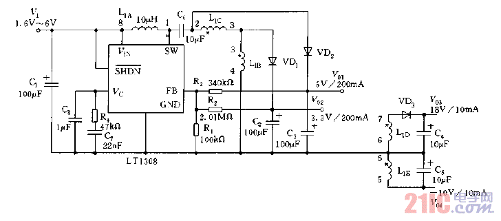 采用LT1308構(gòu)成的數(shù)字相機(jī)的多路電源電路圖.gif