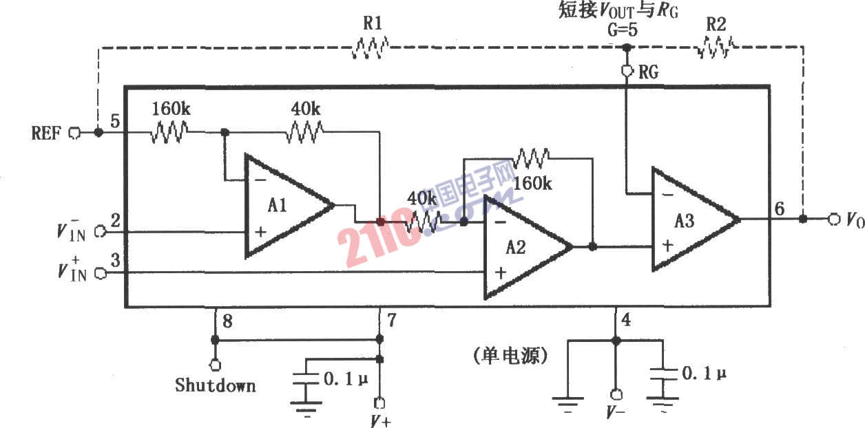 INA321／322的信號和電源的基本連接電路圖