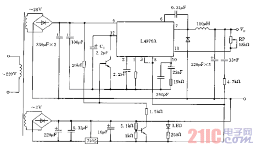 L4970A構(gòu)成的可調(diào)開關(guān)電源電路圖.gif