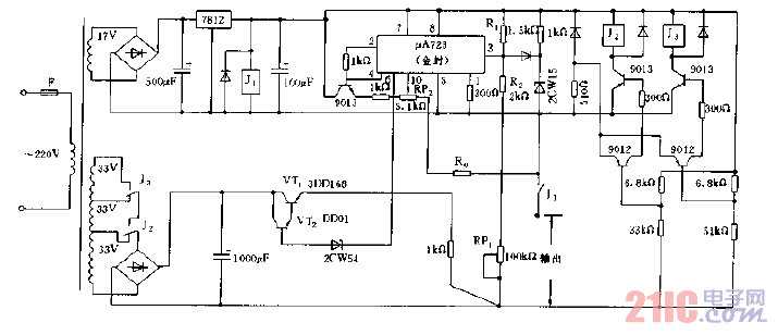 采用μA723構(gòu)成的實用穩(wěn)壓電源電路圖.gif