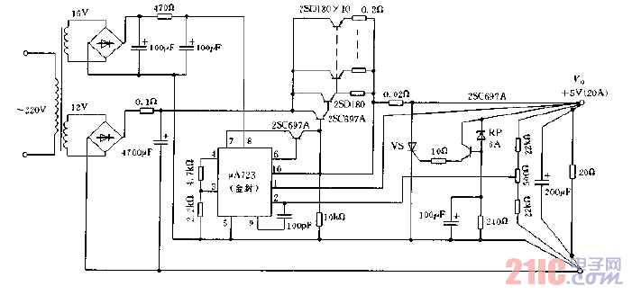 采用μA723構(gòu)成的輸出20A，5V穩(wěn)壓電源電路圖.gif