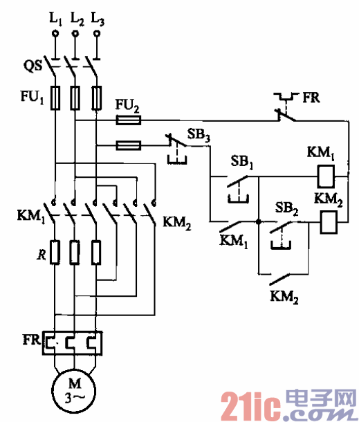32.定子回路串電阻降壓啟動按鈕控制電路.gif