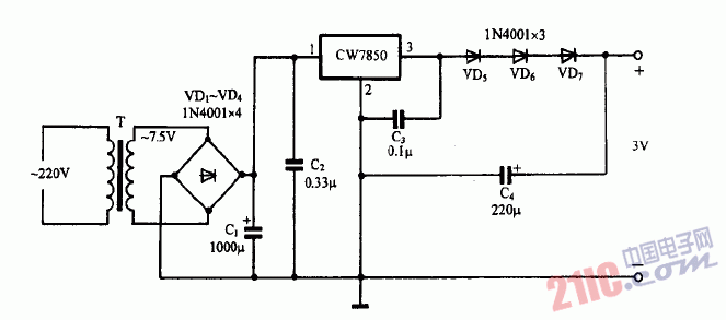巧用CW7805作3V輸出穩(wěn)壓電源電路圖