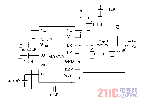 MAX739構(gòu)成的降壓型穩(wěn)壓器電路圖.gif