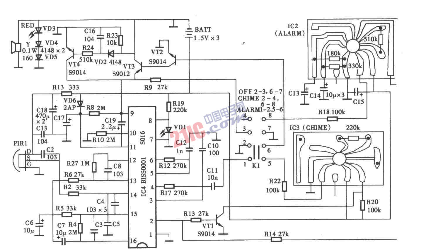 SNS-200P1熱釋電紅外報(bào)警器電路圖