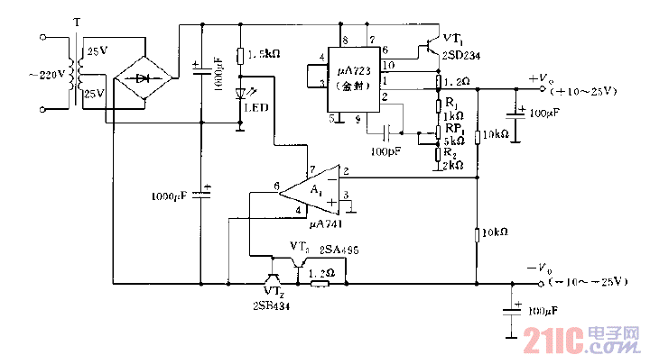 采用μA723構(gòu)成的帶保護(hù)的跟蹤可調(diào)穩(wěn)壓電源電路圖.gif