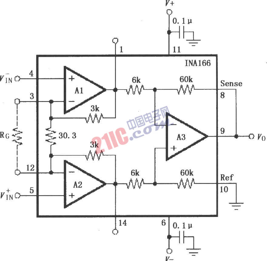 INA166的信號(hào)和電源的基本連接電路圖