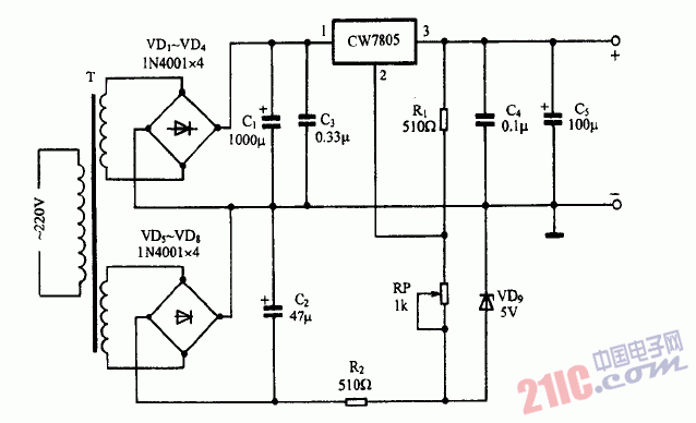巧用CW7805作0-15V可調穩(wěn)壓電源電路圖