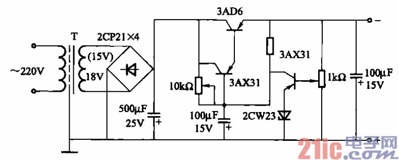 25.6至15V、500mA可調(diào)式穩(wěn)壓電源電路.gif
