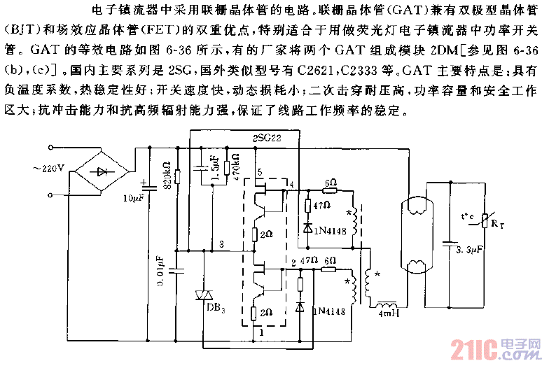 電子鎮(zhèn)流器中采用聯(lián)棚晶體管的電路圖.gif