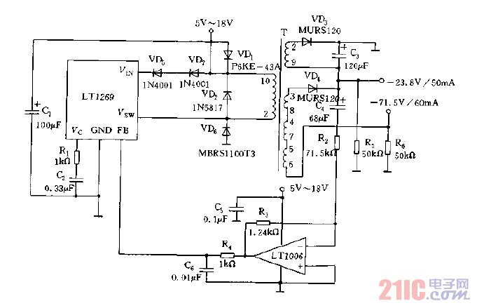 采用LT1269構(gòu)成的標(biāo)準(zhǔn)回掃電路圖.gif