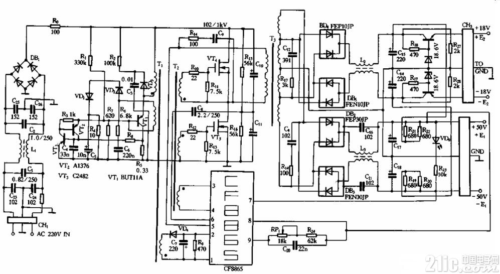 采用CF8865專用模塊的開(kāi)關(guān)電源電路圖