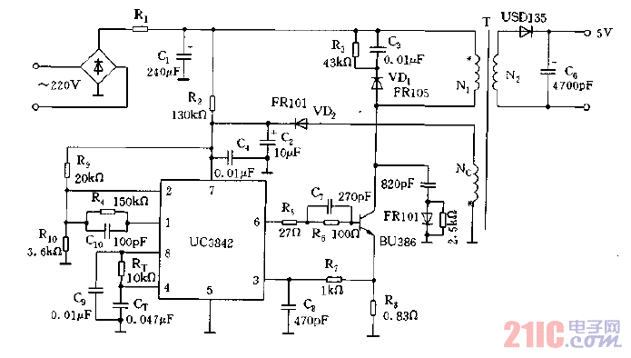 采用UC3842構(gòu)成的單端反激式開關(guān)電源的實用電路圖.gif