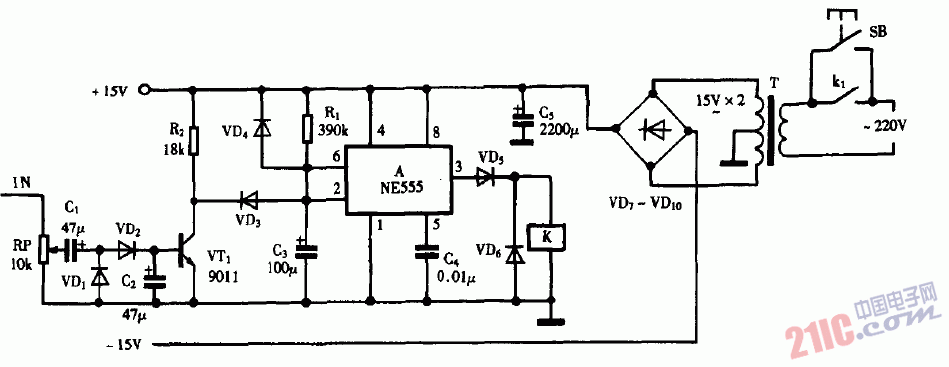 巧用NE555作功率放大器自動關(guān)機器電路圖