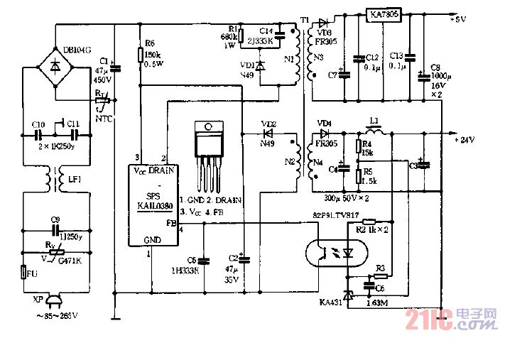 30W回掃式開關(guān)電源電路圖.gif