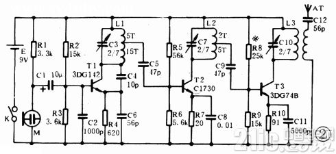 三極管3DG74B調(diào)頻無線話筒制作電路圖