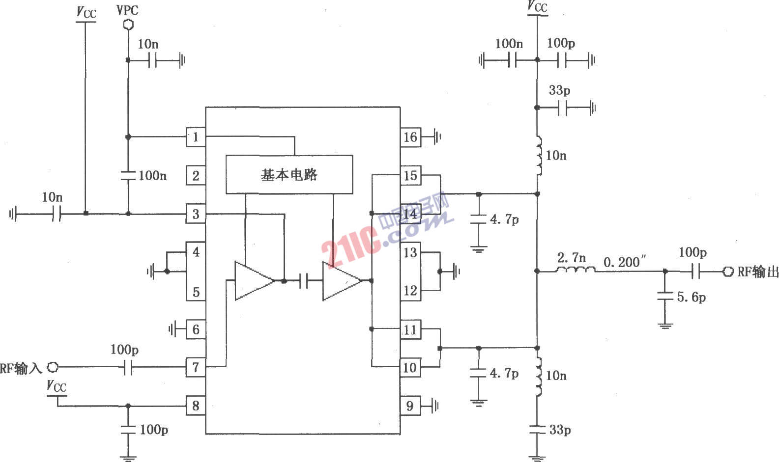 RF2131在4.8V電源供電時(shí)的最佳效率功率放大電路圖