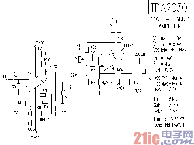 TDA2030 14W Hi-Fi 音頻放大器電路圖
