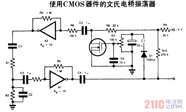 使用CMOS器件的文氏電橋振蕩器電路圖.gif