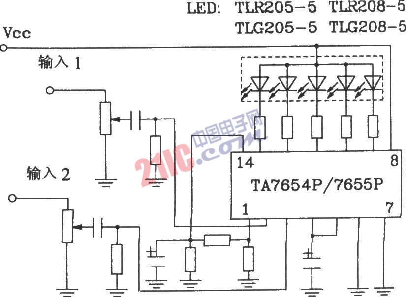 TA7654P／TA7655P構(gòu)成5點一條LED顯示驅(qū)動電路圖