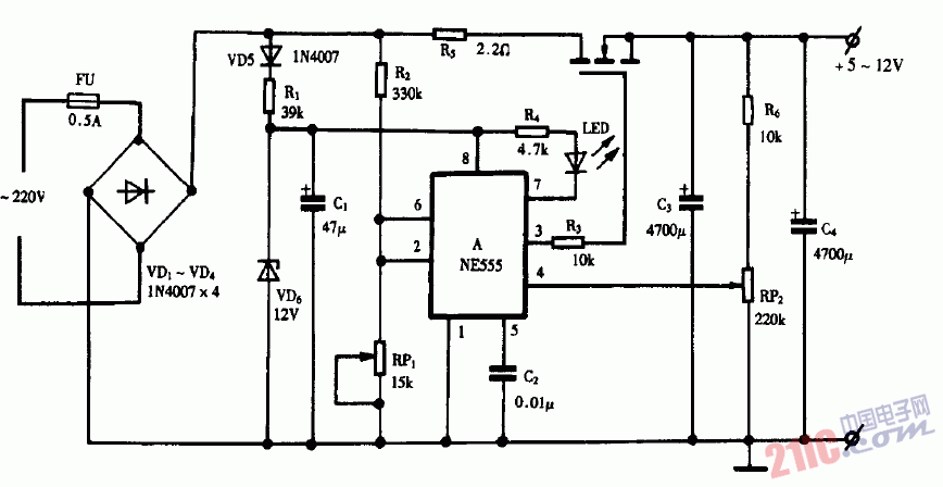 巧用NE555作變壓器穩(wěn)壓電源電路圖